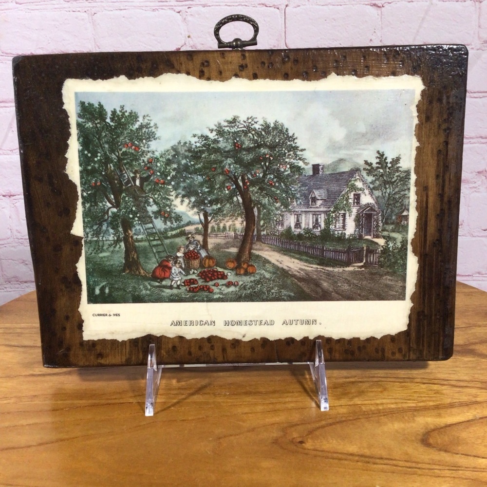 Vintage Currier & Ives Hand Crafted Wooden Wall Hanging